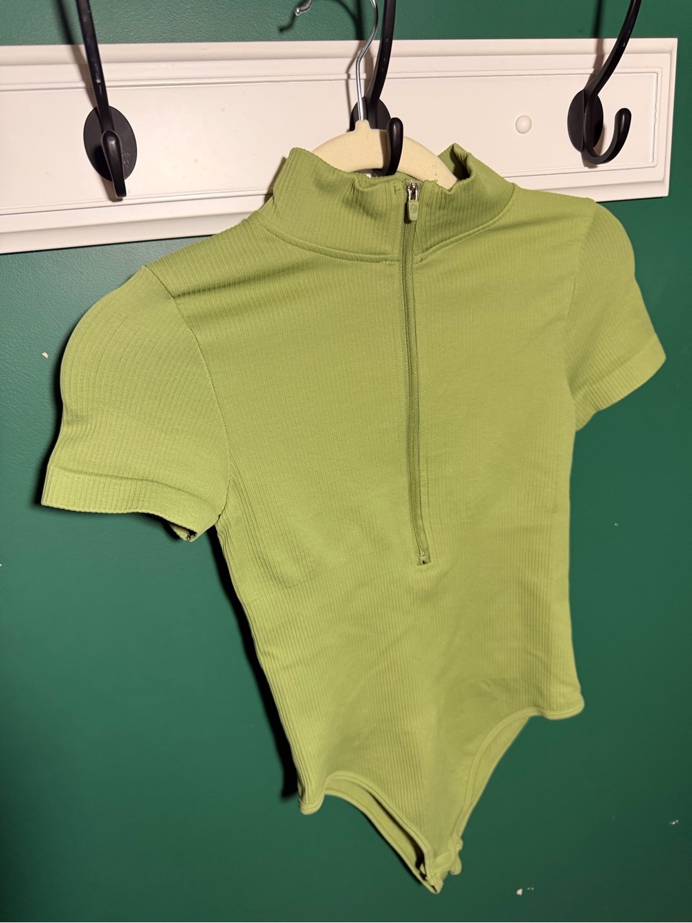 Ribbed Lime Green Zip-Front Mock Neck Bodysuit